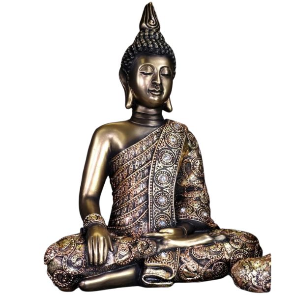 BUDDHA STATUE SITTING POSITION 9X6X14IN POLYRESIN HAND PAINTED.