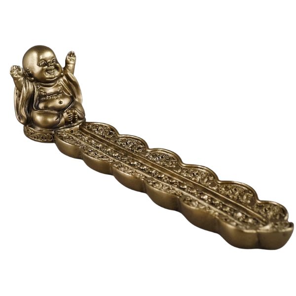 LAUGHING BUDDHA GOLDEN INCENSE STICK HOLDER 8X2X2IN