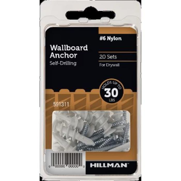 ANCHOR NYLON WALLBOARD & SCREWS #6 20PC SET 30LBS SELFDRILLING