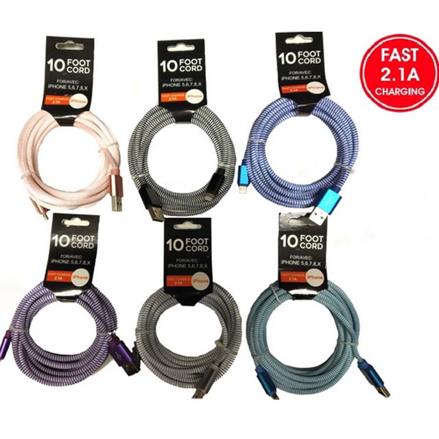 USB CABLE A MALE TO LIGHTNING 8P 10FT 2.1A ASSORTED COLORS