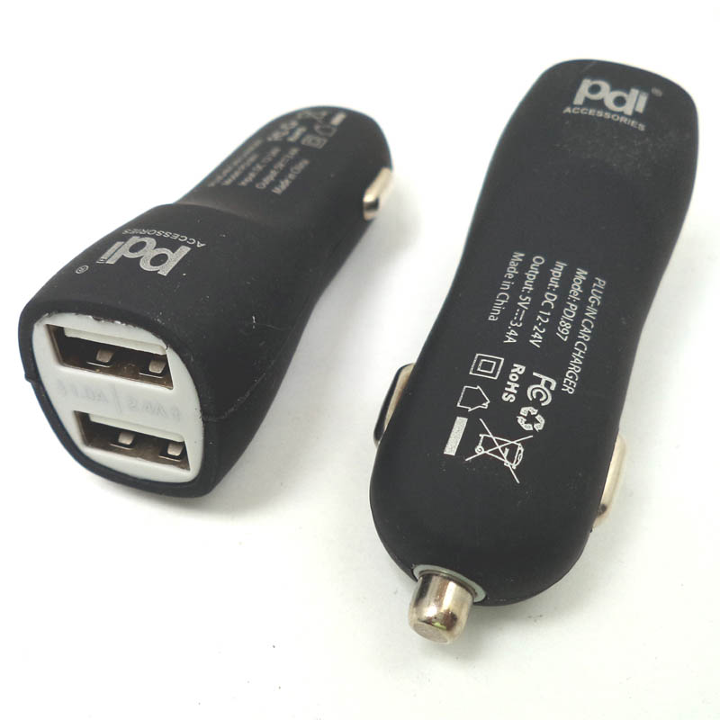 USB CAR CHARGER DUAL 5VDC@1A 5VDC@2.4A ASSORTED COLORS