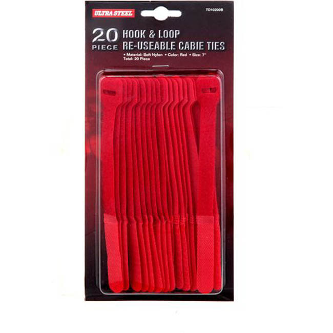 VELCRO HOOK AND LOOP TIE RED 7IN RESUABLE SOFT NYLON 20PCS PACK PCS/PKG