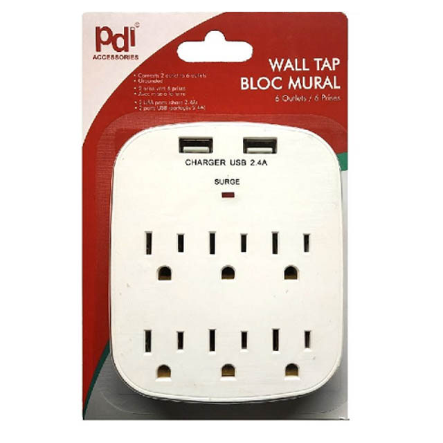 WALL TAP 6-OUTLET 15A 125V 1875W 2-USB
