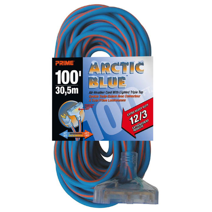 EXTENSION CORD 3/12 100FT BLUE SJEOW TRIPLE TAP ALL-WEATHER 15A