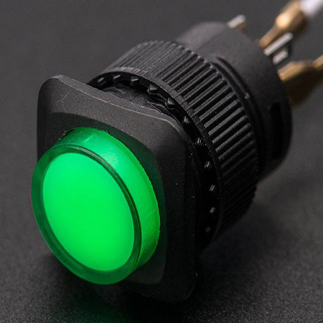 PUSH SWITCH LIT LATCH GREEN 1P1T ON/OFF 3A/125V 16MM TH SOL/PUSH