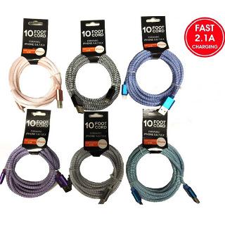 USB CABLE A MALE TO LIGHTNING 8P 10FT 2.1A ASSORTED COLORSSKU:261156