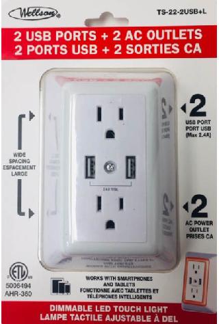 WALL TAP 2-OUTLET 2USB 15A 125V 5VDC 2.4A W/ DIMMABLE LED LIGHTSKU:253032