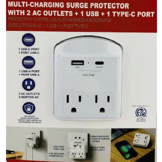 WALL TAP 2-OUTLET 1USB 1TYPE C PORT 300JOULES SURGE PROTECTION
